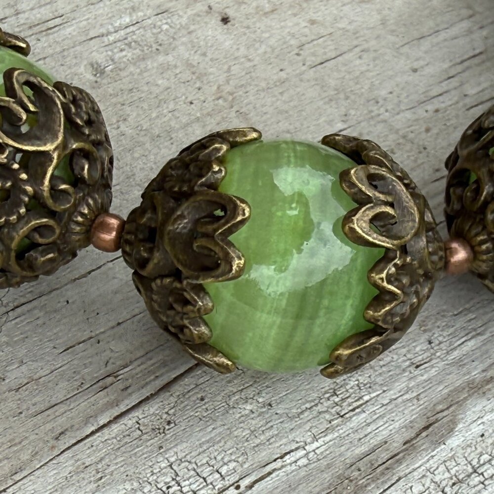 Chunky Green Jade Gemstone Bracelet With Bronze A… - image 3